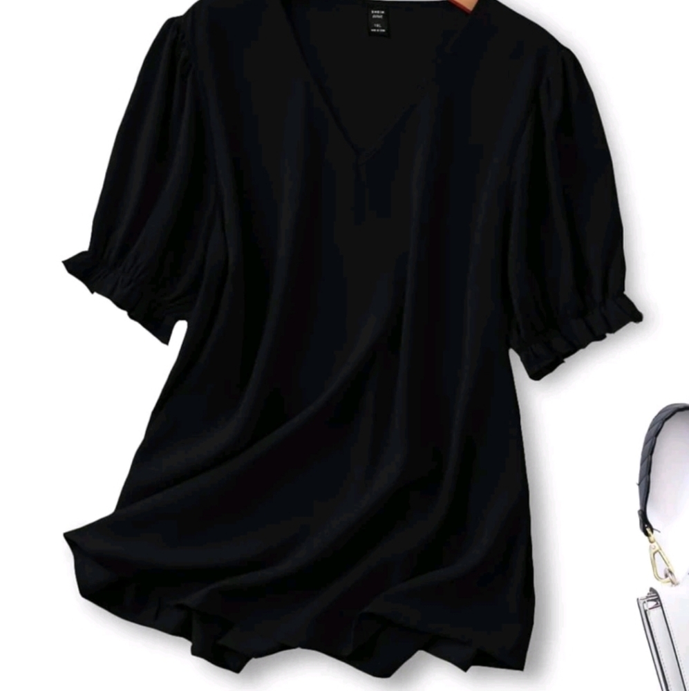 Black v neck top with flounce ruffle sleeve